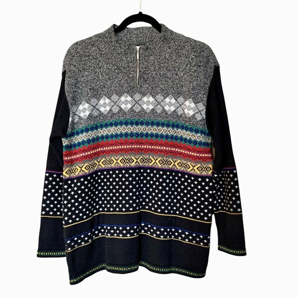 Vintage Womens Sweater Fair Isle Lizwear Petite S/M‎ 1/4 Zip Small Gray Black